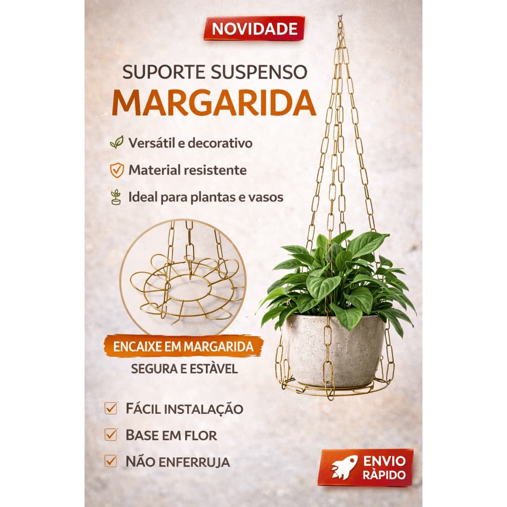 Suporte Suspenso Margarida para Plantas Metal Dourado Pendente Decorativo Resistente