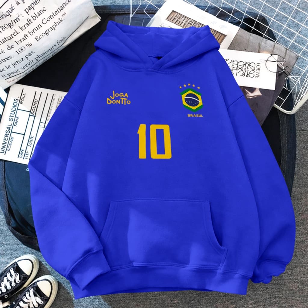 Blusa de Frio Brasil Joga Bonito Moletom Flanelado Futebol com Capuz Algodão