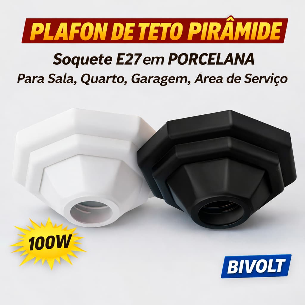 Plafon de Teto Pirâmide 100W Bivolt Soquete E27 Porcelana para Sala Quarto Garagem Área de Serviço