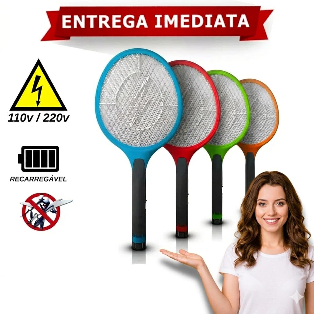 Raquete Elétrica Mata Mosquito Dengue Insetos Recarregável - (Cores Sortidas)