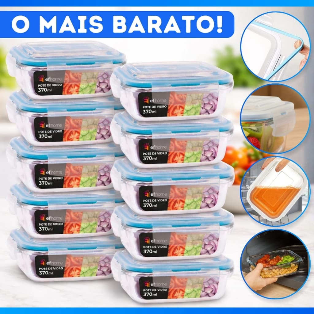 Kit 3 à 10 Potes de Vidro 370ml Hermético Marmita Fit com Tampa 4 Travas - OFERTA - FULL - MENOR PREÇO!