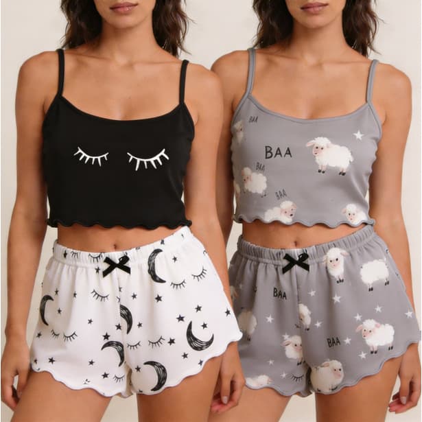 KIT 2 PiJAMA DE SHORT DOLL COLEÇÃO BICHINHOS FOFOS  BLOGUEIRA SUEDE ESTAMPAS FEMININO VERAO CONFORTO