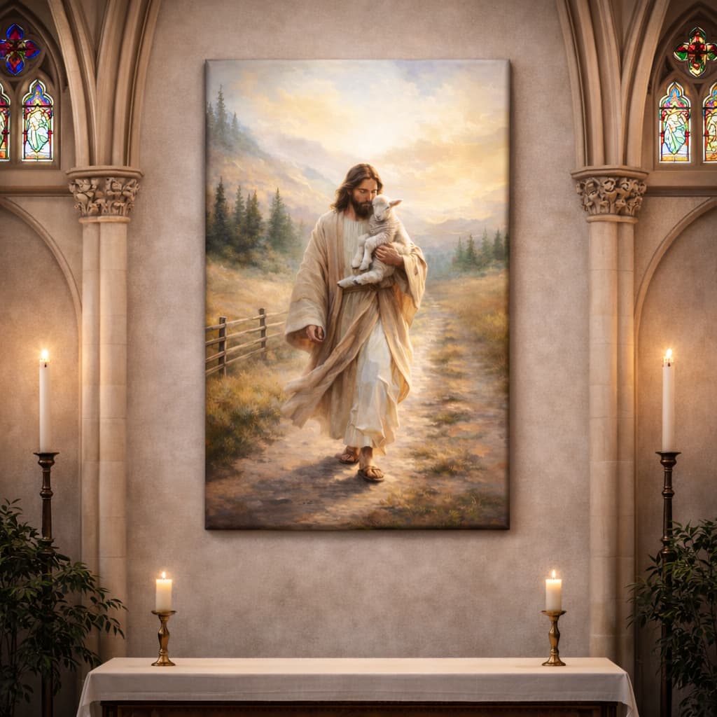 Quadro Decorativo Grande Jesus e Cordeiro Religioso Decoração de Parede Hall Luxo Sala Quarto MDF