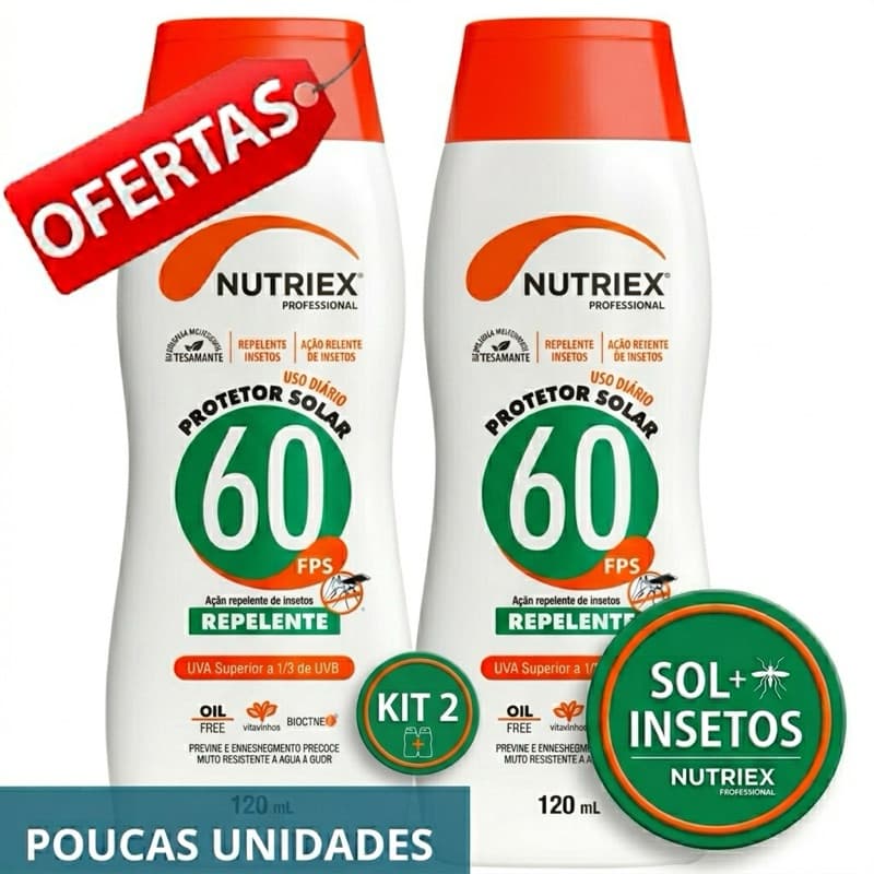 Kit 2 Protetor Solar Fps 60 Ação Repelente 120ml Nutriex 1/3 UVA UVB Bloqueador Solar Fator 60 - Resistente à Água
