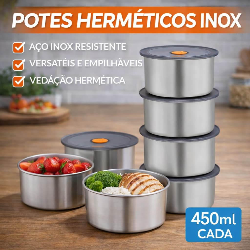 Conjunto Kit Jofo Potes Herméticos Redondo Inox 450ML 4 Peças Vedação Segura marmita o Cozinha