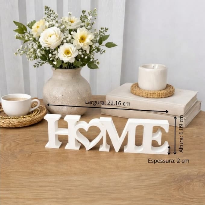 Letreiro Decorativo HOME com Coração – Decoração Moderna para Sala, Estante ou Mesa 22cm