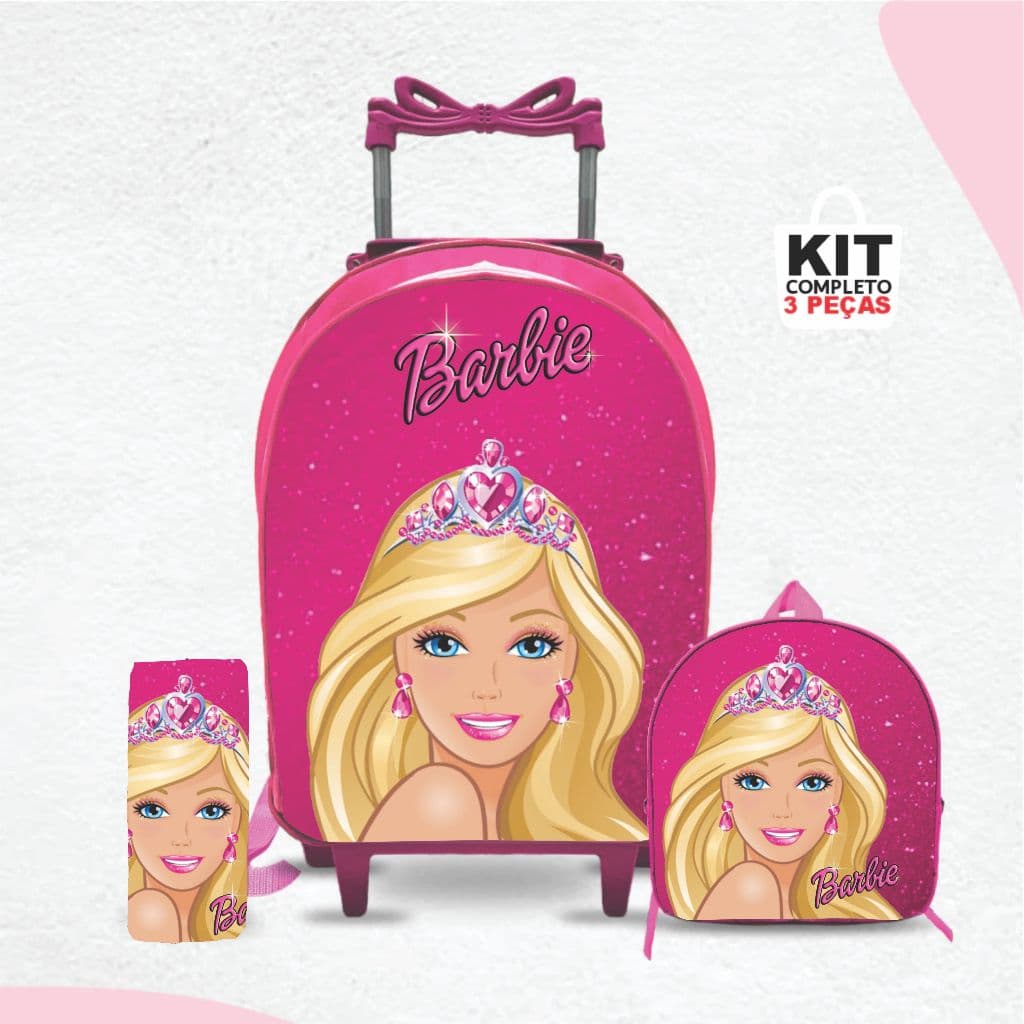 Kit mochila escolar boneca B-a-r-b-i-e  com lancheira e Estojo - com Rodinhas - Menina-Feminino