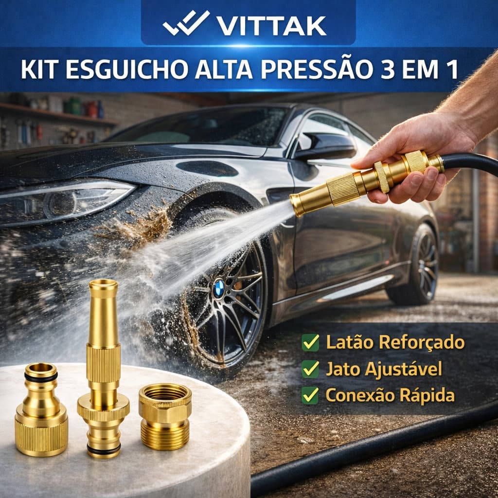 Esguicho Alta Pressão 3 em 1 Metal para Mangueira 1/2 com Conector + Adaptador de Torneira | Lava Carro Moto Jardim