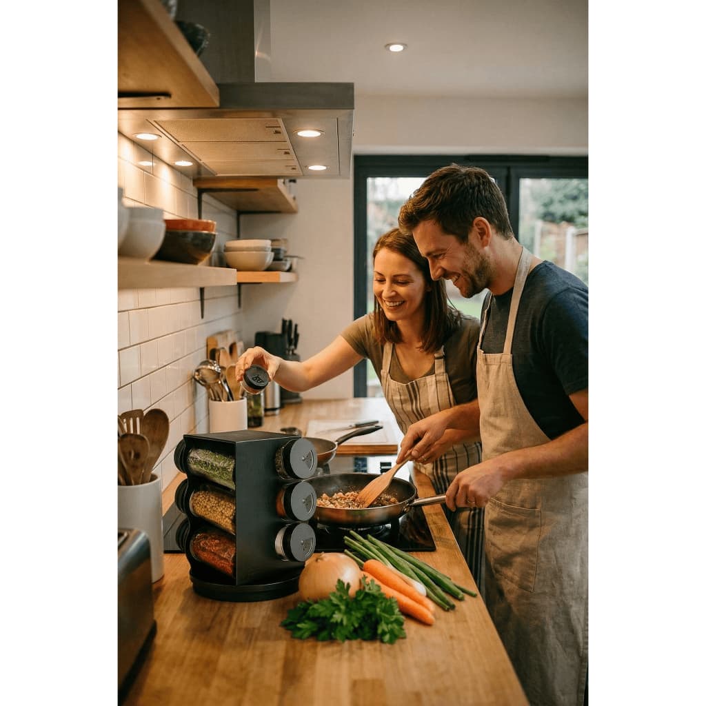 Porta Condimentos Temperos Giratório 6 Potes Vidro 80ml Suporte Organizador Cozinha Preto
