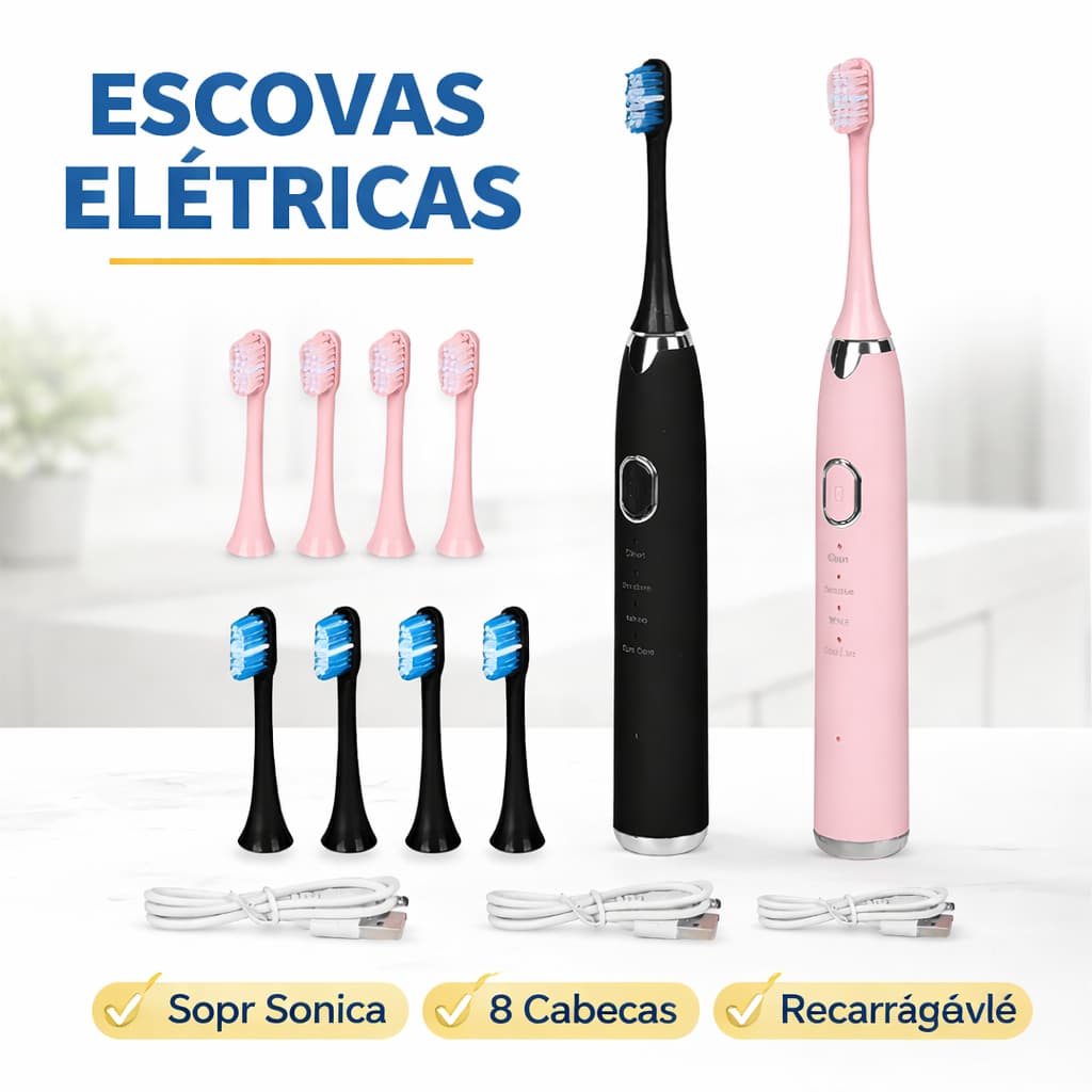 Escova Dental Elétrica Recarregável Adulto com 2 Cabeças – Limpeza Profunda à Prova d’Água
