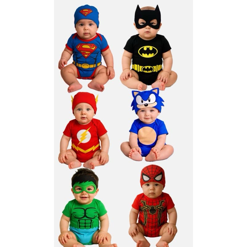 Body bebê mesversário temático personagens Super Heróis menino homem Aranha ,Flash, Sonic,Batman,Super Homem,Hulk