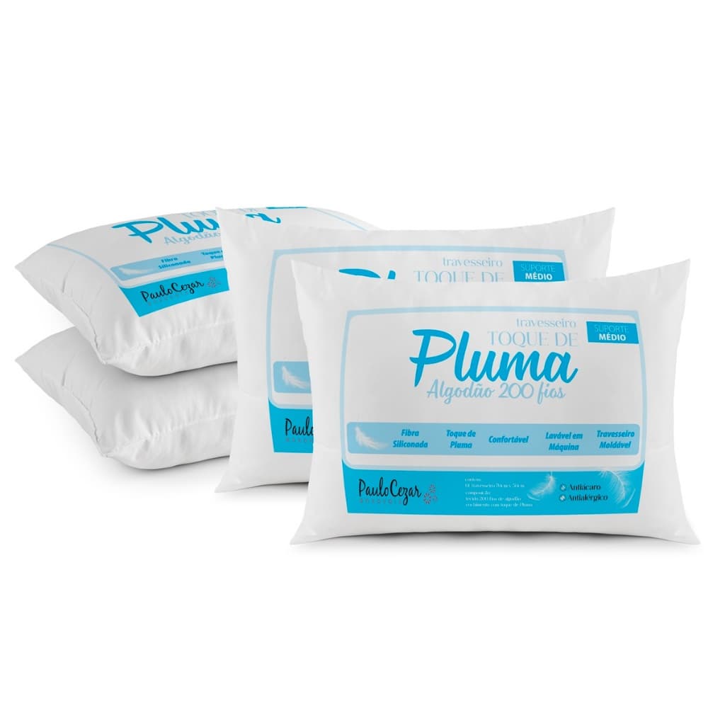 Kit 4 Travesseiro Toque de Pluma Pena Percal 100% Algodão 200 Fios 50x70cm