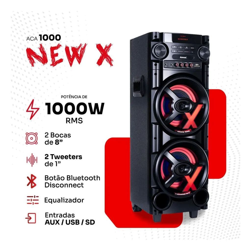 Caixa Amplificada Amvox ACA 1000 NEWX 2 Woofers 8" 1000W Bluetooth Preta SFM