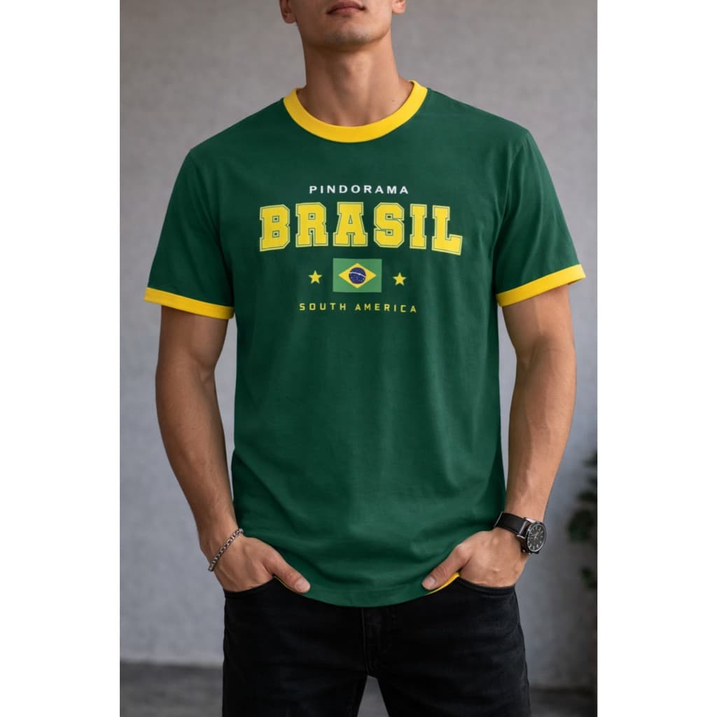 Camiseta Camisa Brasil Masculina Casual Estilo Retrô Copa Futebol Amarelo Verde