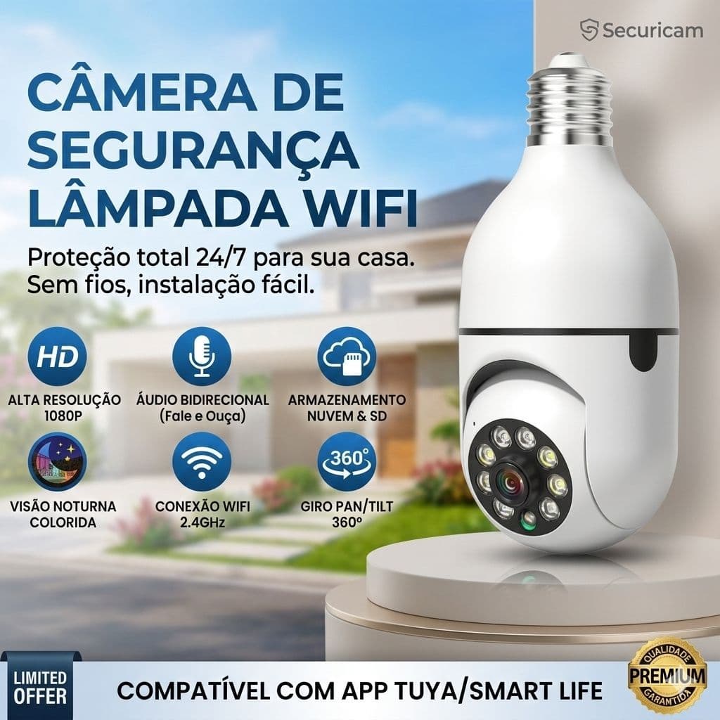 Kit 2 Câmeras Lâmpada WiFi 360° Segurança IP Visão Noturna Full HD