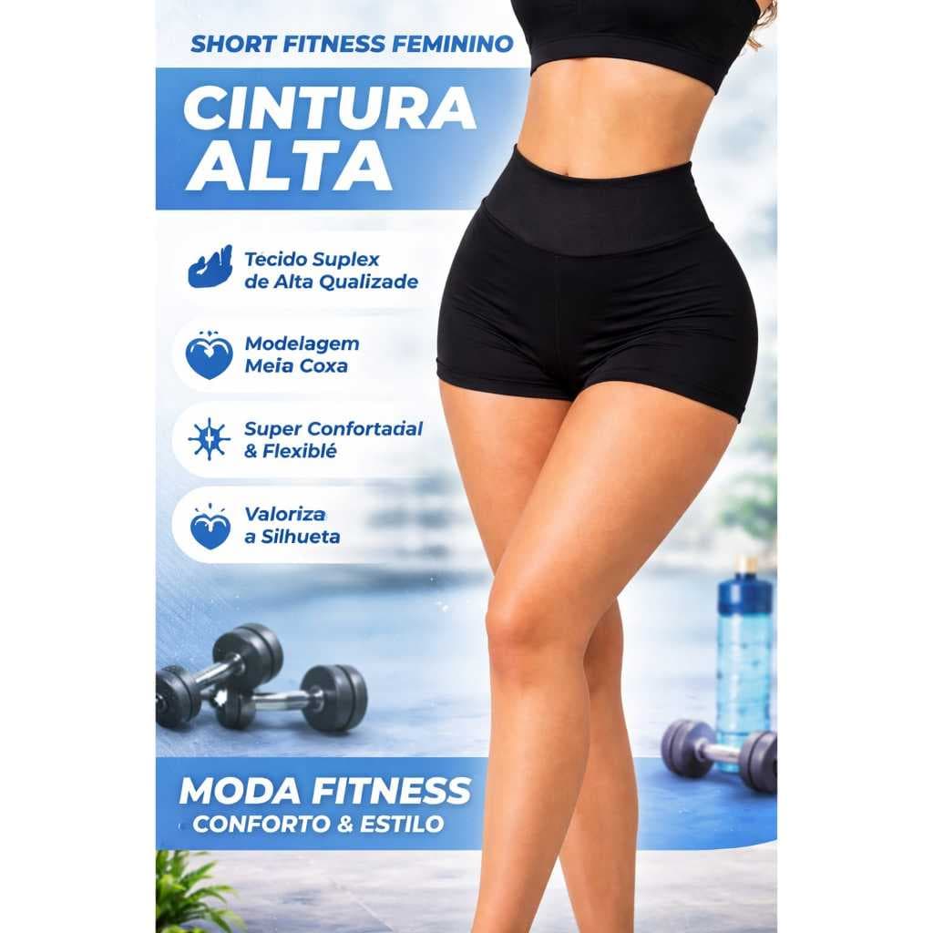 Short Feminino Fitness Cintura Alta Suplex Academia Treino Confortável Moda