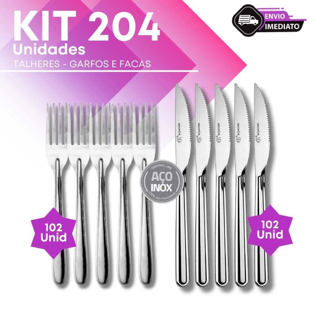 Kit 204 Talheres Inox 102 Facas 102 Garfos Refeição Profissional Festa Buffet Restaurante Refeitório