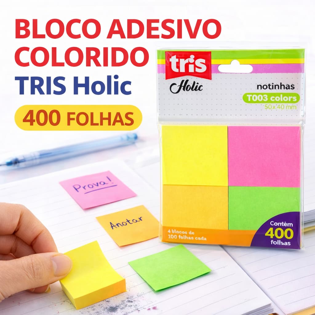 Nota Autoadesivas Coloridas TRIS Holic 4 Blocos 100 Folhas Cada | Neon