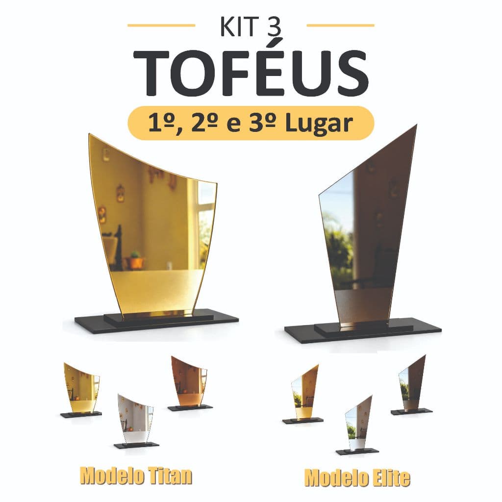 Kit - Trio de Troféus Espelhados Ouro Prata Bronze – Modelos Elite e Titan
