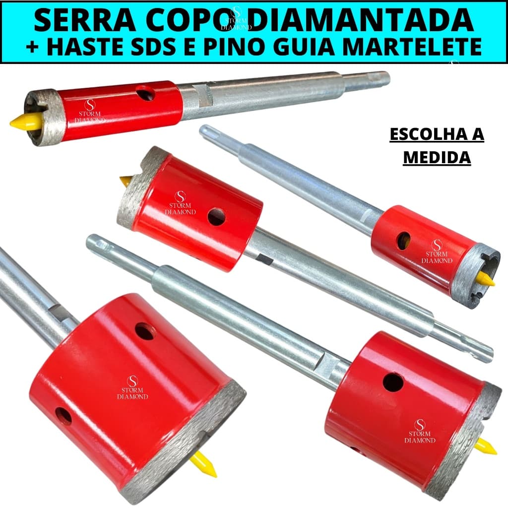 Serra Copo Broca Diamantada + Haste SDS E Pino Guia Martelete Furar Parede Concreto Alvenaria Pedra