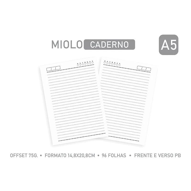 Refil - MIOLO PAUTADO A5 PARA CADERNO 96 folhas - OFFSET 75G. 1/1PB - KIT 5/10/15