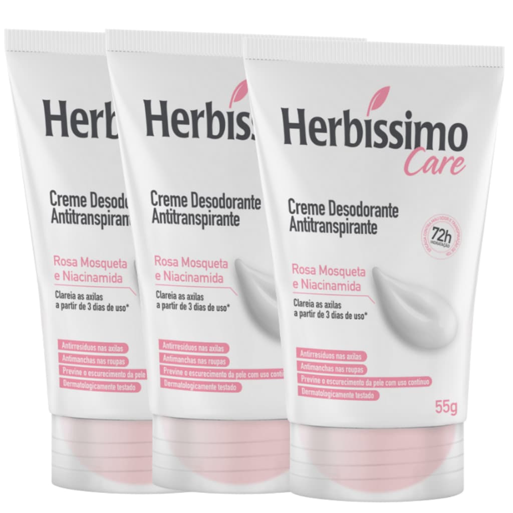 kit 3 Desodorante Creme Antitranspirante Herbíssimo  Bisnaga Rosa Mosqueta e Niacinamida 55g cada