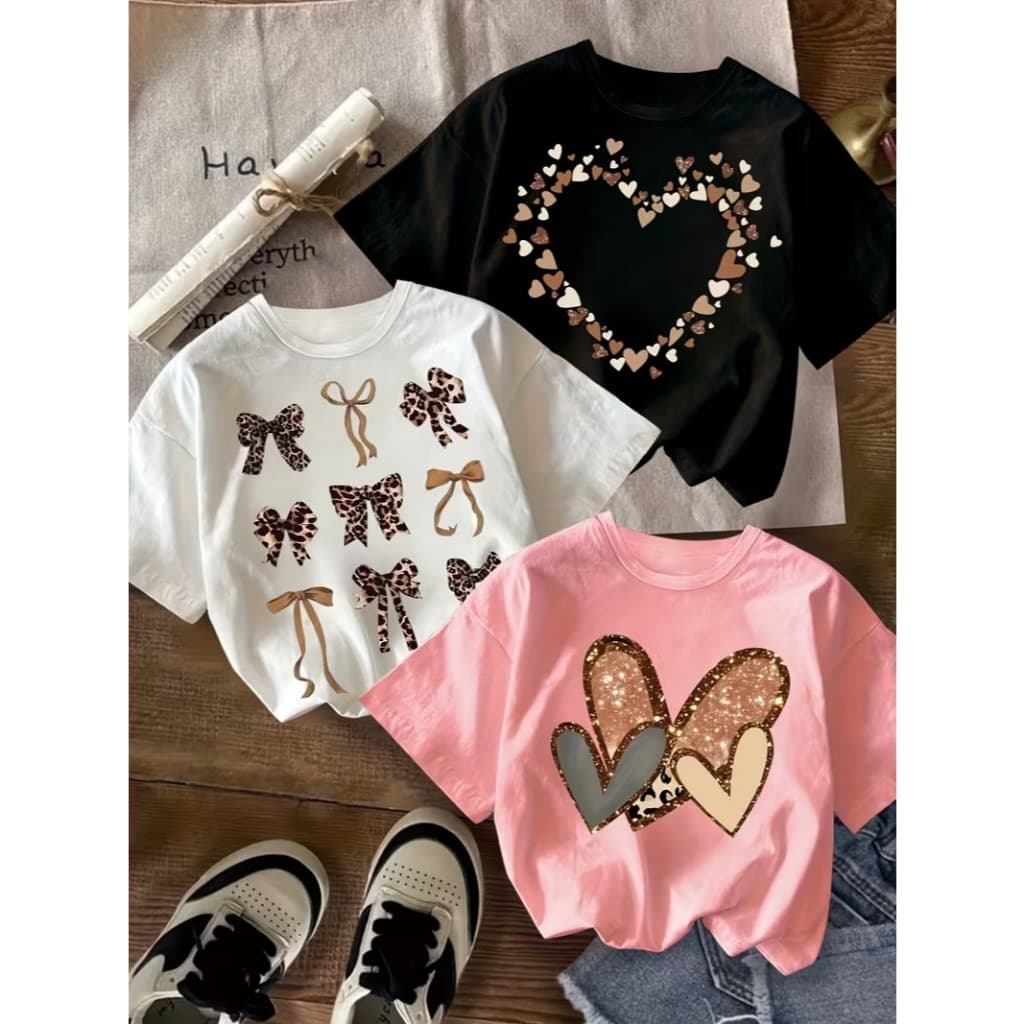Kit De 3 Camisetas Infantil Estampada Meninas Delicada Moda Blogueira Luxo Corações Presenteável
