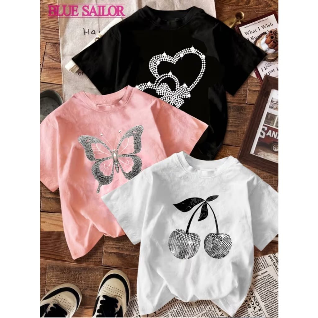 Kit 3 Camisetas Femininas Infantil Algodão Luxo Estampa Strass Básica Manga Curta Gola Redonda