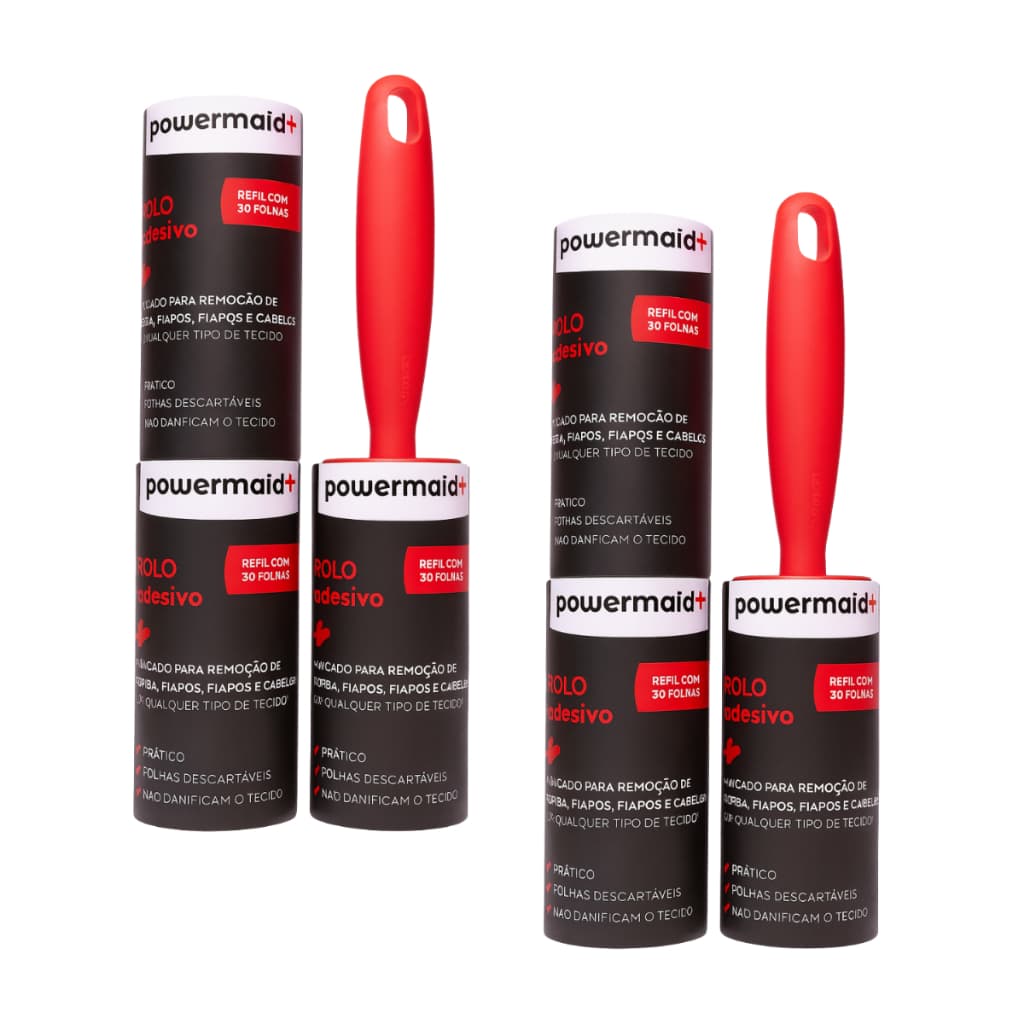Rolo Tira Pelos Powermaid Kit 2 Rolos + 4 Refis 180 Folhas Removedor Pelos Pet Roupas Sofá Estofados