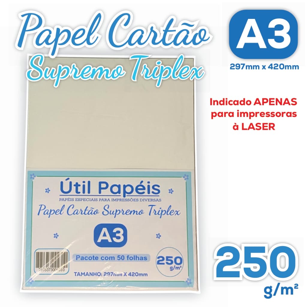 Papel Cartão Supremo Triplex A3 250g Pacote c/ 50 Folhas Branco liso 297x420mm Gráfica Profissional