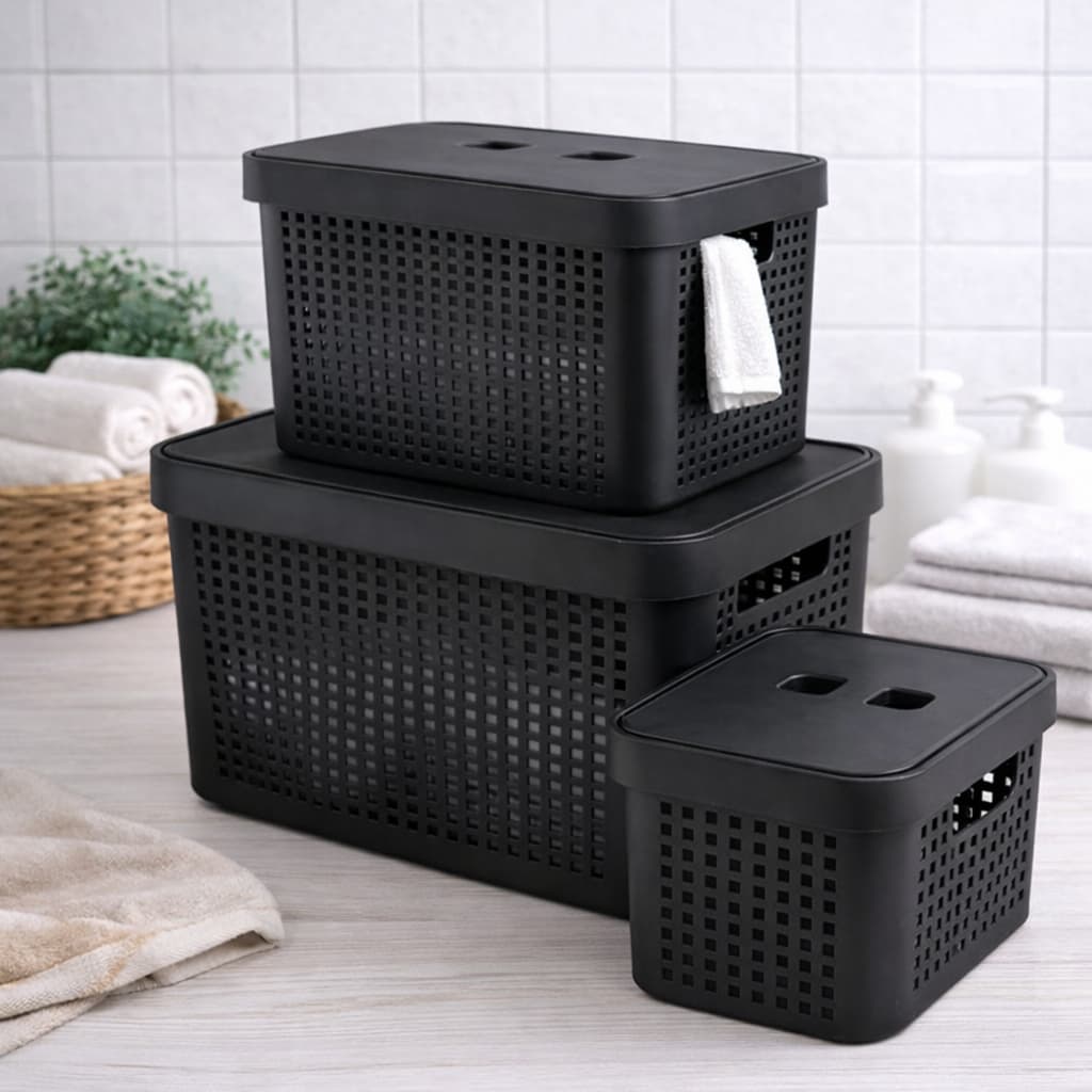 Caixa Organizadora Tampa Multiuso 2L, 4,5L, 17L ou Kit com 3 Plástico Roupa Brinquedo Banheiro Lavanderia Closet Preto