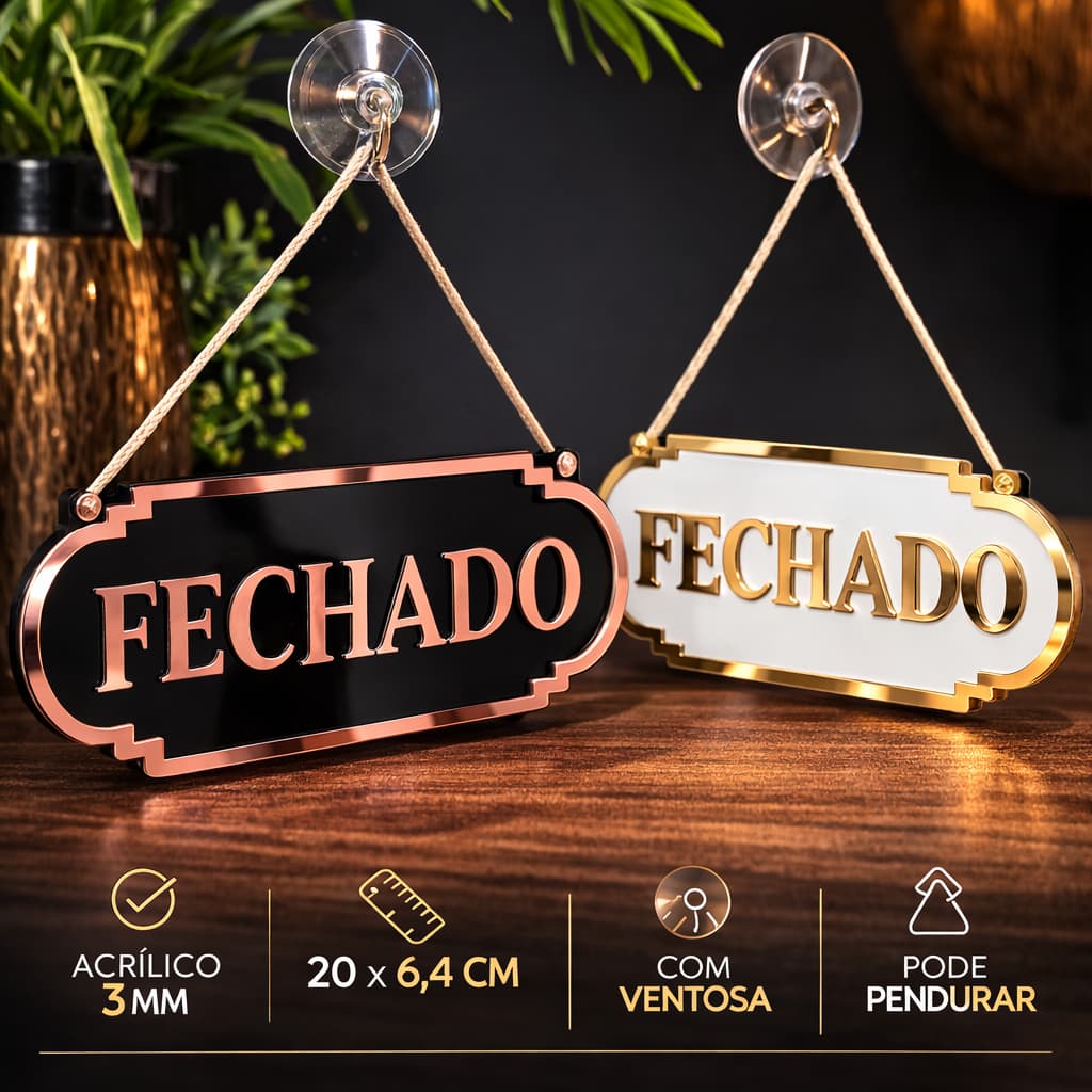 Placa Aberto Fechado Acrílico Espelhado com Ventosa 20cm | Placa Porta Loja Dupla Face