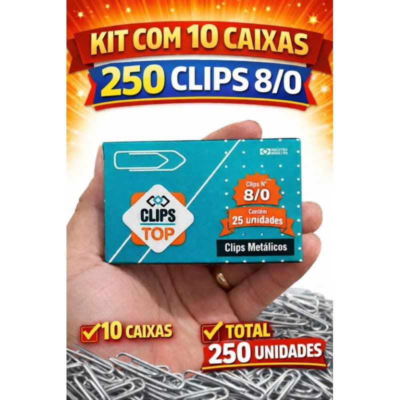 Kit 10 Caixas Clips Metálicos 8/0 - 250 unidades de Clips Para Papel Escritório Papelaria