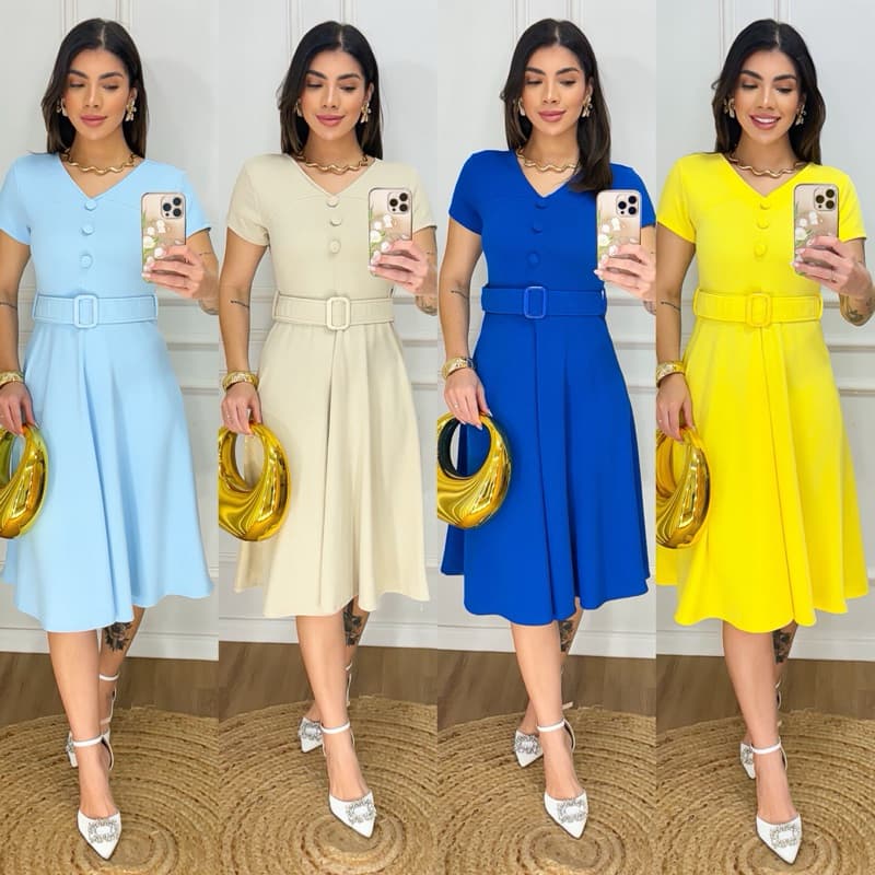 vestido gode midi com botão moda evangélica acompanha cinto