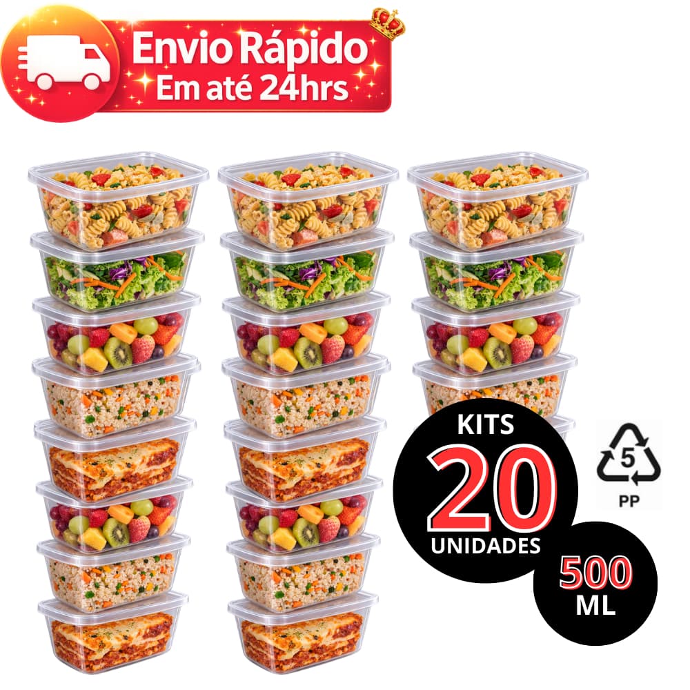 Kit 20 Potes 500ml Reutilizável Transparentes BPA FREE Freezer Microondas Marmita Organizador