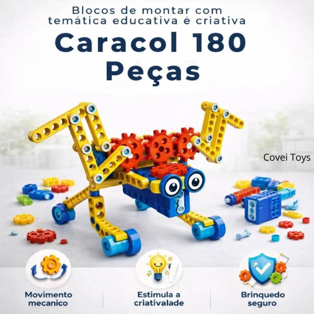 Kit Blocos de Montar Caracol 180 Peças Covei Toys Engrenagens Educativas com Movimento 1 módulo elétrico