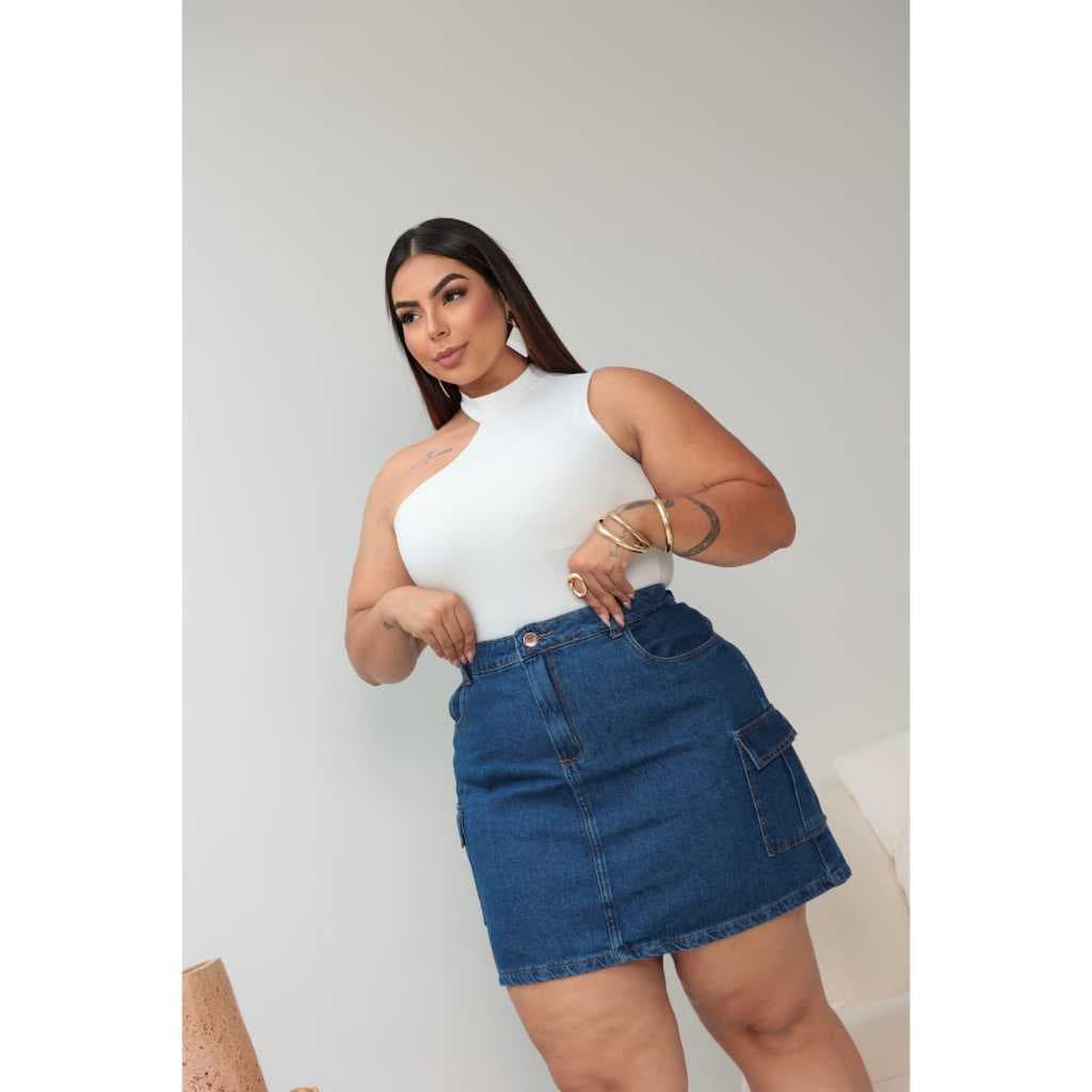 Saia Jeans Cargo Feminina Plus Size Com Bolso Lateral Cintura Alta Veste Bem Confortável 46 ao 54