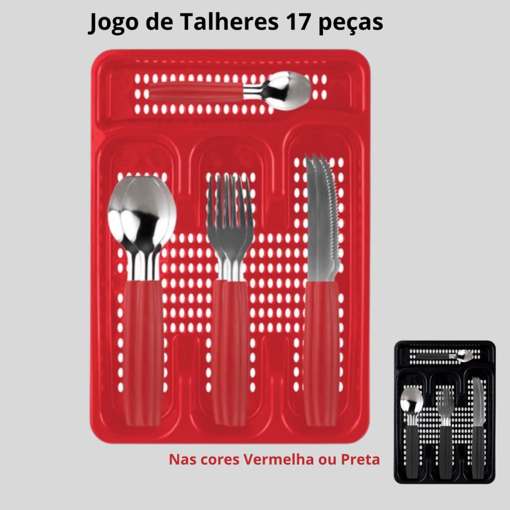 Conjunto Talheres 17 Peças com Porta Talher Faqueiro Inox Garfo Faca Colher Mesa Posta