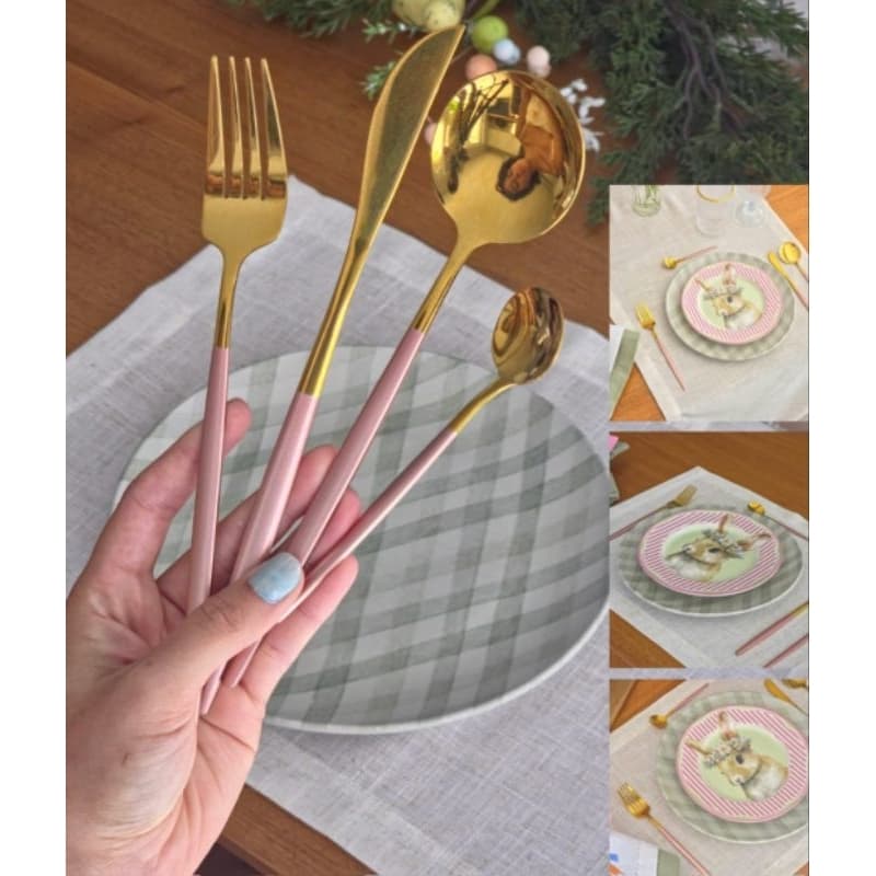 Faqueiro  Luxus 24 Peças rosa com Dourado Rami