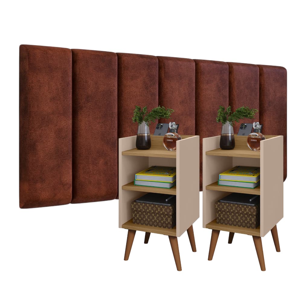 Conjunto Para Quarto 2 Mesas de Cabeceira Max Placas de Cabeceira Modulada Estofada Variação Tamanho