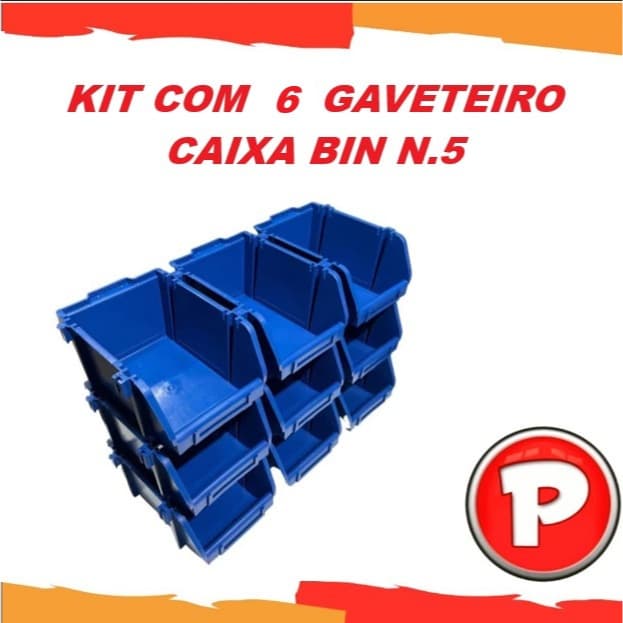 KIT 6 GAVETEIRO CAIXA BIN N.5 EMPILHAVEL PARA ESTANTE AZUL
