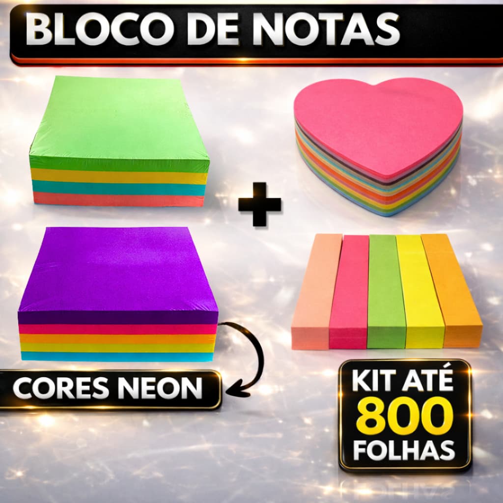 Kit Até 800 Folhas Bloco de Notas Adesivo 50x50mm ou 76x76mm Colorido Pastel Neon Coração Sticks