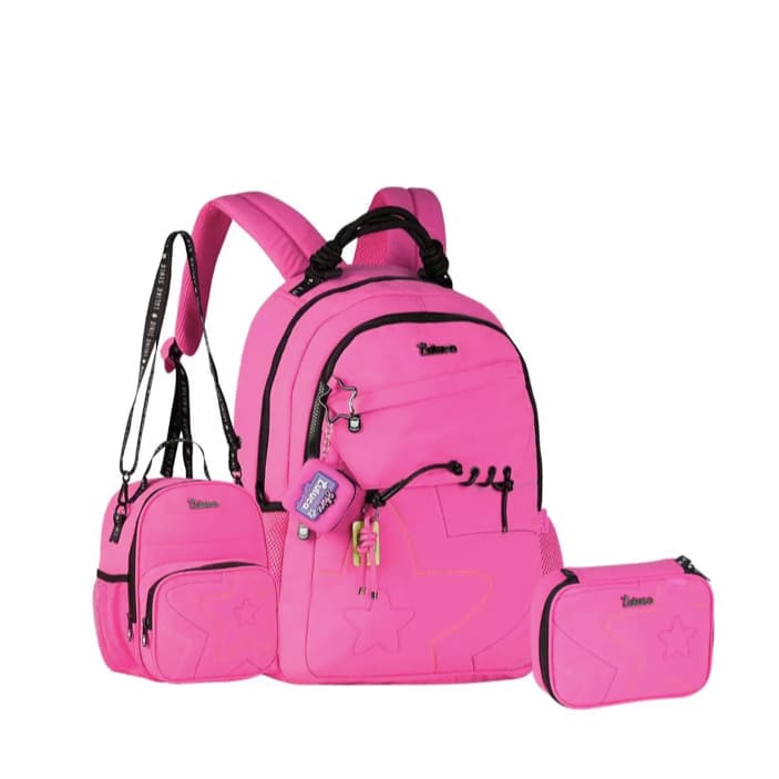 Kit Mochila Escolar Luluca 2026 Original Preta, Rosa, Lilás Mochila + Lancheira + Estojo Rosa Infantil Juvenil