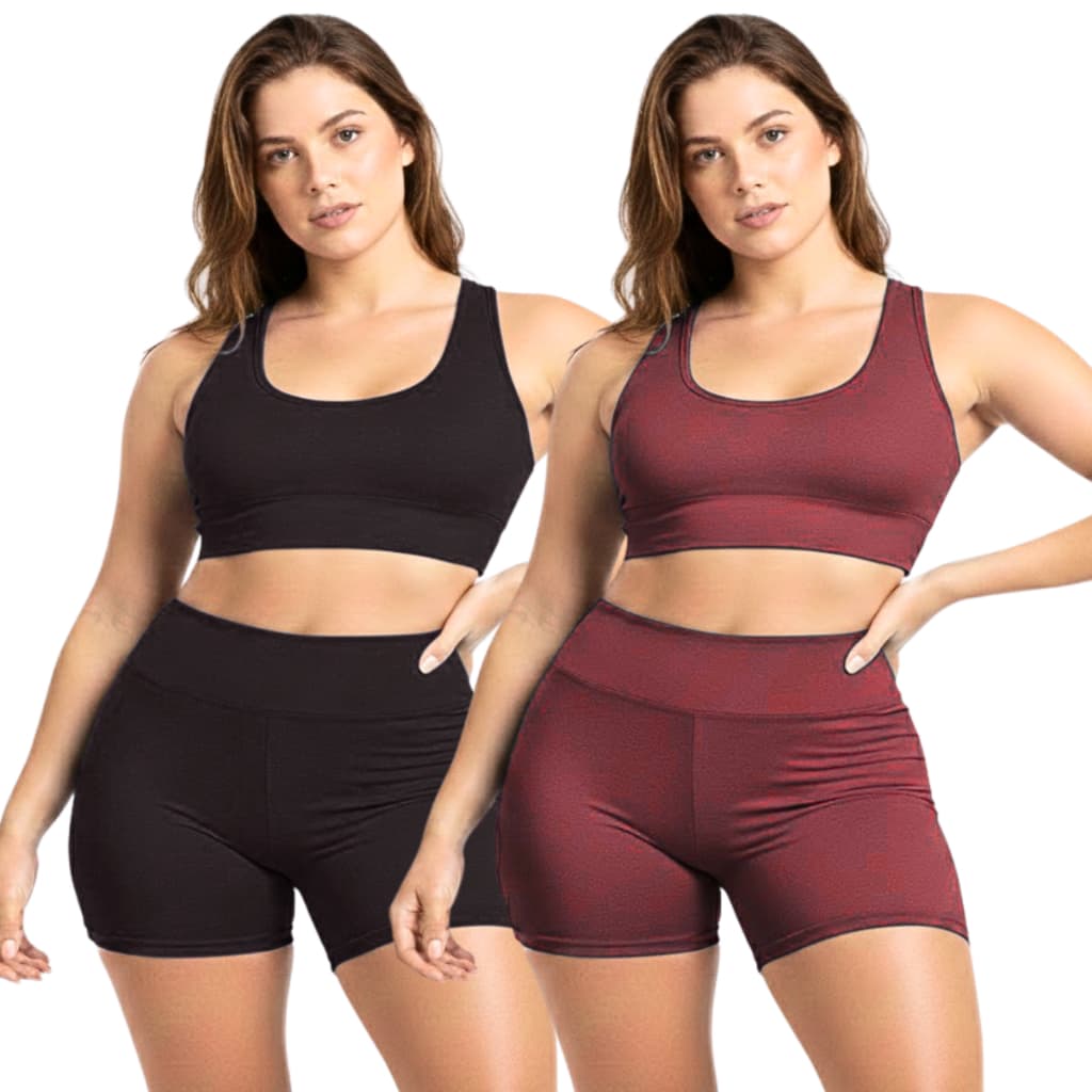 Kit 2 Conjuntos de Academia Fitness Feminino Tecido Premium Short e Top Cintura Alta Sustentação