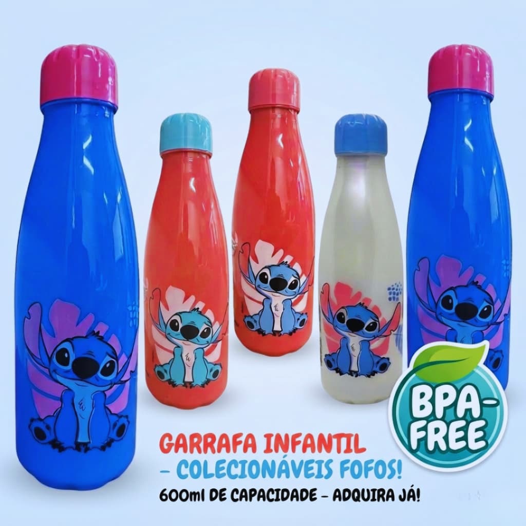 Garrafa Stitch Angel Garrafinha Disney 600Ml Lancheira Infantil Escolar