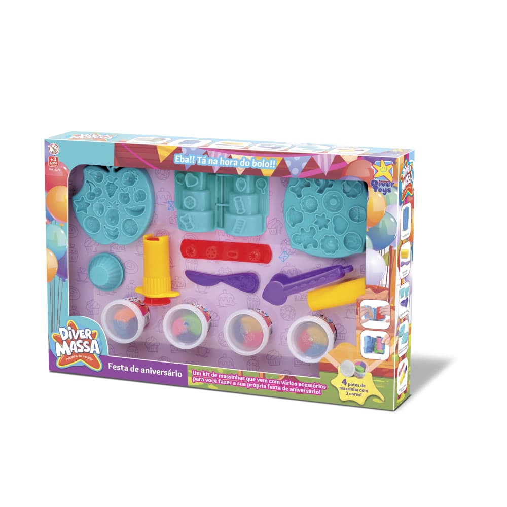 Super Kit Massa de Modelar - Festa de Aniversário com Acessórios - 4 potes de massinhas com 3 cores - DiverToys