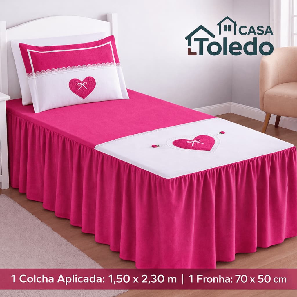 Colcha Solteiro Oxford detalhes em Coração fronha oxford lesi cetim quarto cama kit babado caimento