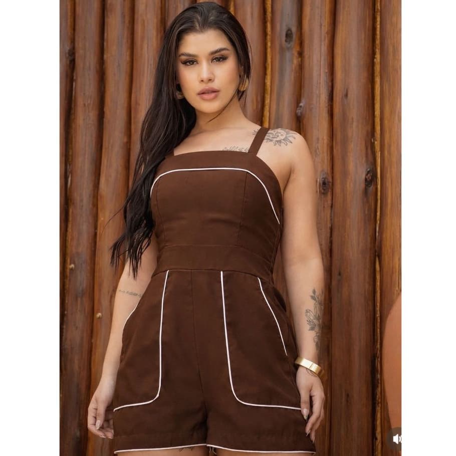 Macaquinho Feminino Curto com Alças Regulares, bojo e Bolsos Casual Moderno Confortável Moda  Feminina Tendência  2026