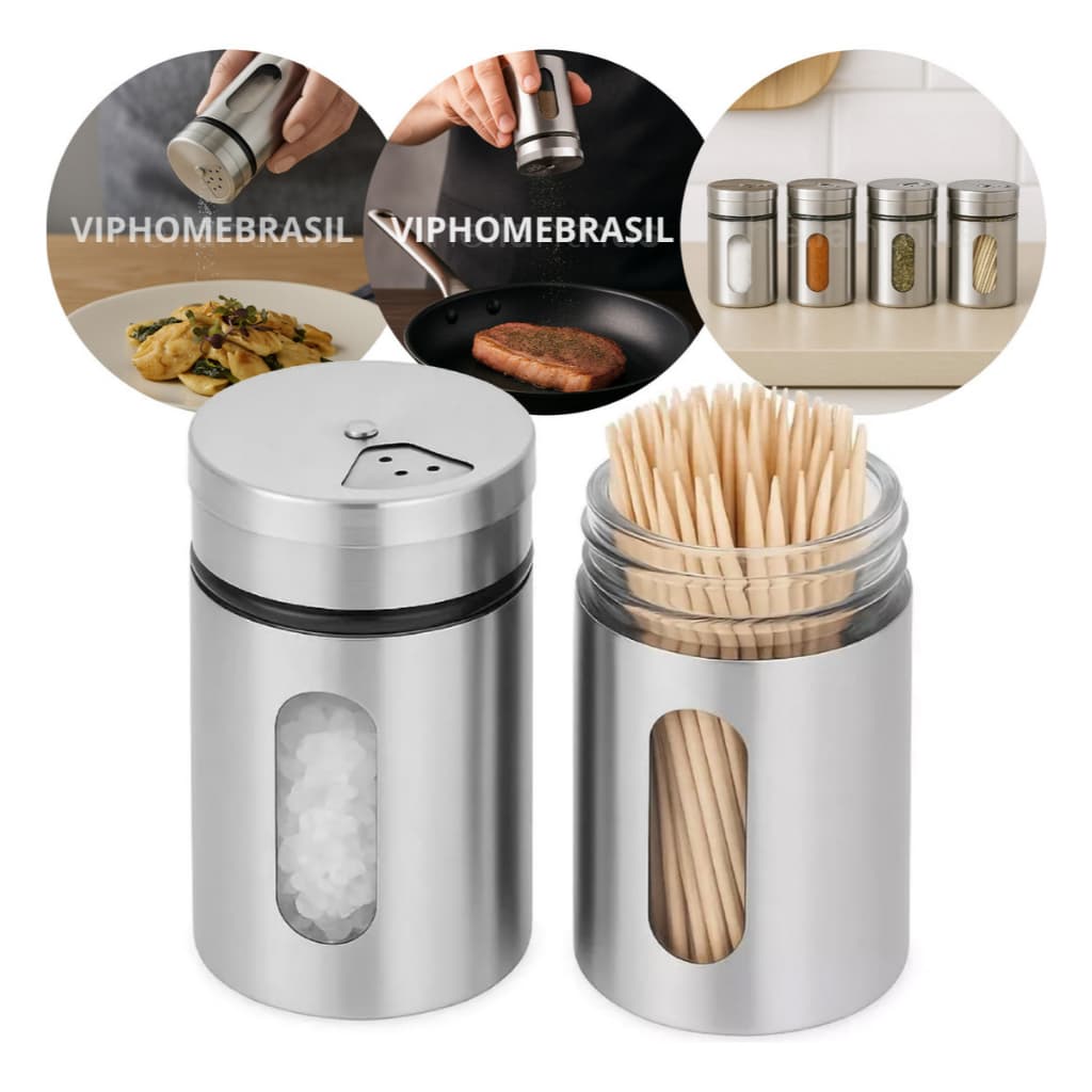 Porta Condimento de Inox para Tempero com tampa de vidro KIT 12 Potes Saleiro Pimenteiro