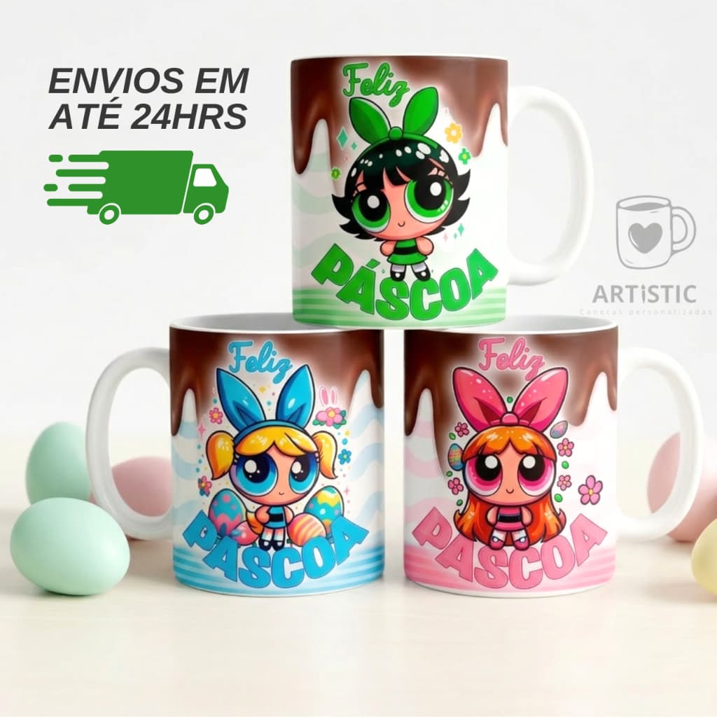 Caneca Personalizada de Páscoa - Meninas Super Poderosas Versão Páscoa - Cerâmica 325ml